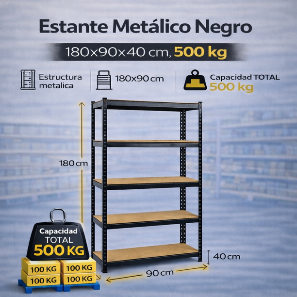Estante Metalico Negro 180x90x40 cm 500 kg — imagen 3